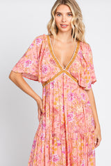 Pink Floral V-Neck Maxi Dress