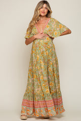 Light Olive Floral V-Neck Maternity Maxi Dress