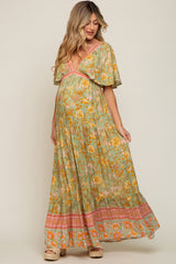 Light Olive Floral V-Neck Maternity Maxi Dress