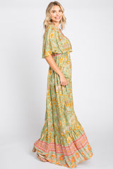 Light Olive Floral V-Neck Maxi Dress