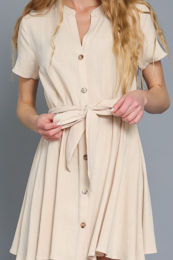 Beige Short Sleeve Belted Button Down Mini Dress