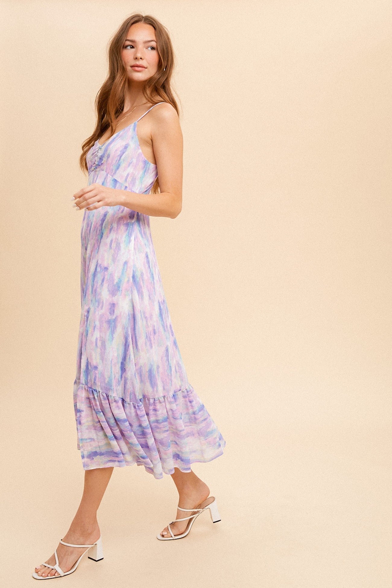 Lavender Multi Split Hem Chiffon Abstract Printed Midi Dress
