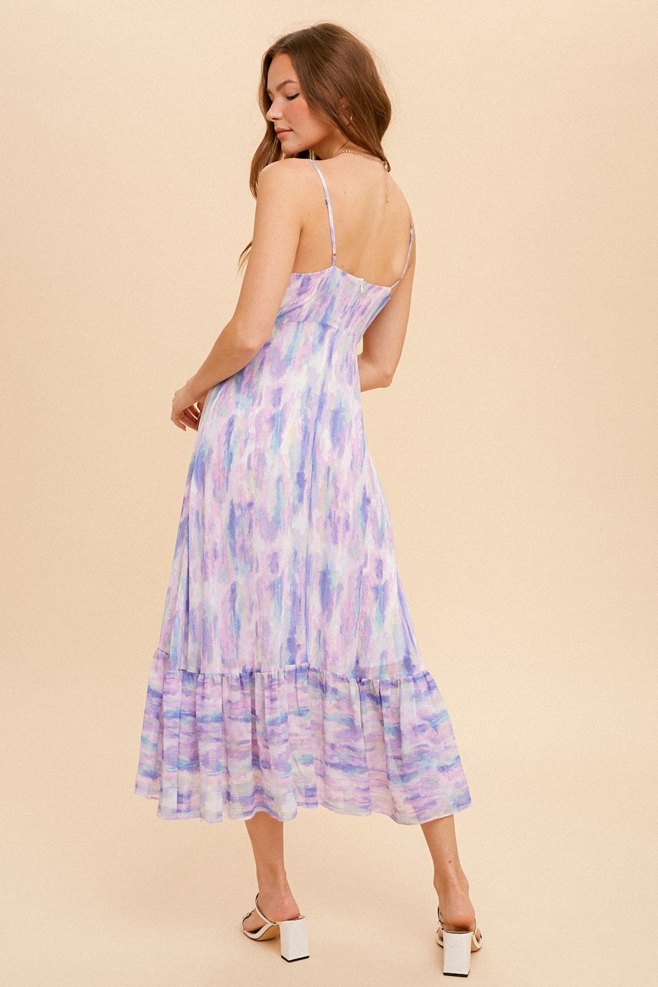 Lavender Multi Split Hem Chiffon Abstract Printed Midi Dress