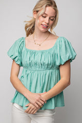 Green Crinkled Woven Babydoll Puff Sleeve Top