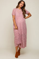 Mauve Lace Tiered Maternity Midi Dress