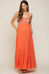 Coral Floral Embroidered Tiered Maternity Maxi Dress