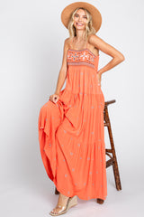 Coral Floral Embroidered Tiered Maxi Dress