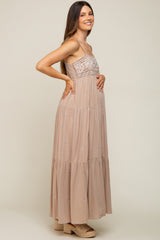 Light Mocha Floral Embroidered Tiered Maternity Maxi Dress