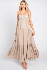 Light Mocha Floral Embroidered Tiered Maternity Maxi Dress