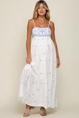 White Floral Embroidered Tiered Maternity Maxi Dress