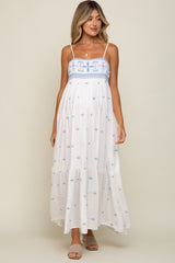 White Floral Embroidered Tiered Maternity Maxi Dress