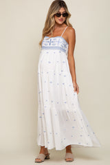 White Floral Embroidered Tiered Maternity Maxi Dress