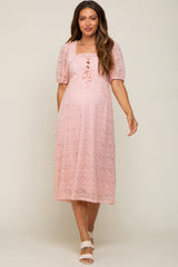 Light Pink Lace Cutout Maternity Midi Dress