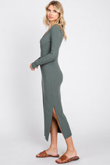 Olive Ribbed Front Button Long Sleeve Midi Dress