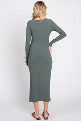 Olive Ribbed Front Button Long Sleeve Midi Dress