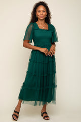 Forest Green Ruffled Mesh Maxi Dress