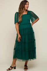 Forest Green Ruffled Mesh Maternity Maxi Dress