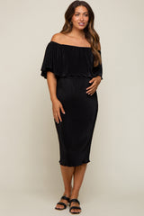 Black Pleated Rib Off Shoulder Maternity Dress