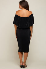 Black Pleated Rib Off Shoulder Maternity Dress