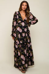 Black Floral Chiffon V-Neck Lettuce Edge Tiered Maternity Maxi Dress