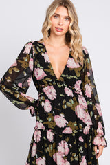 Black Floral Chiffon V-Neck Lettuce Edge Tiered Maxi Dress