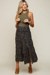 Black Leaf Print Side Slit Maternity Midi Skirt