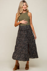 Black Leaf Print Side Slit Maternity Midi Skirt