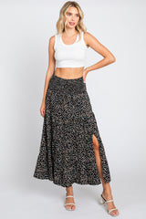 Black Leaf Print Side Slit Midi Skirt