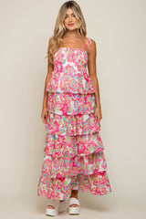 Fuchsia Floral Chiffon Smocked Shoulder Tie Ruffle Tiered Maternity Maxi Dress