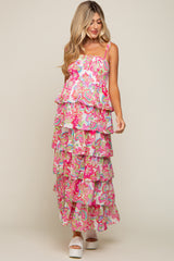 Fuchsia Floral Chiffon Smocked Shoulder Tie Ruffle Tiered Maternity Maxi Dress