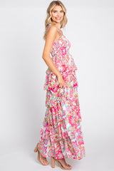 Fuchsia Floral Chiffon Smocked Shoulder Tie Ruffle Tiered Maxi Dress