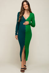 Teal Green Colorblock Ribbed Button Down Maternity Dress