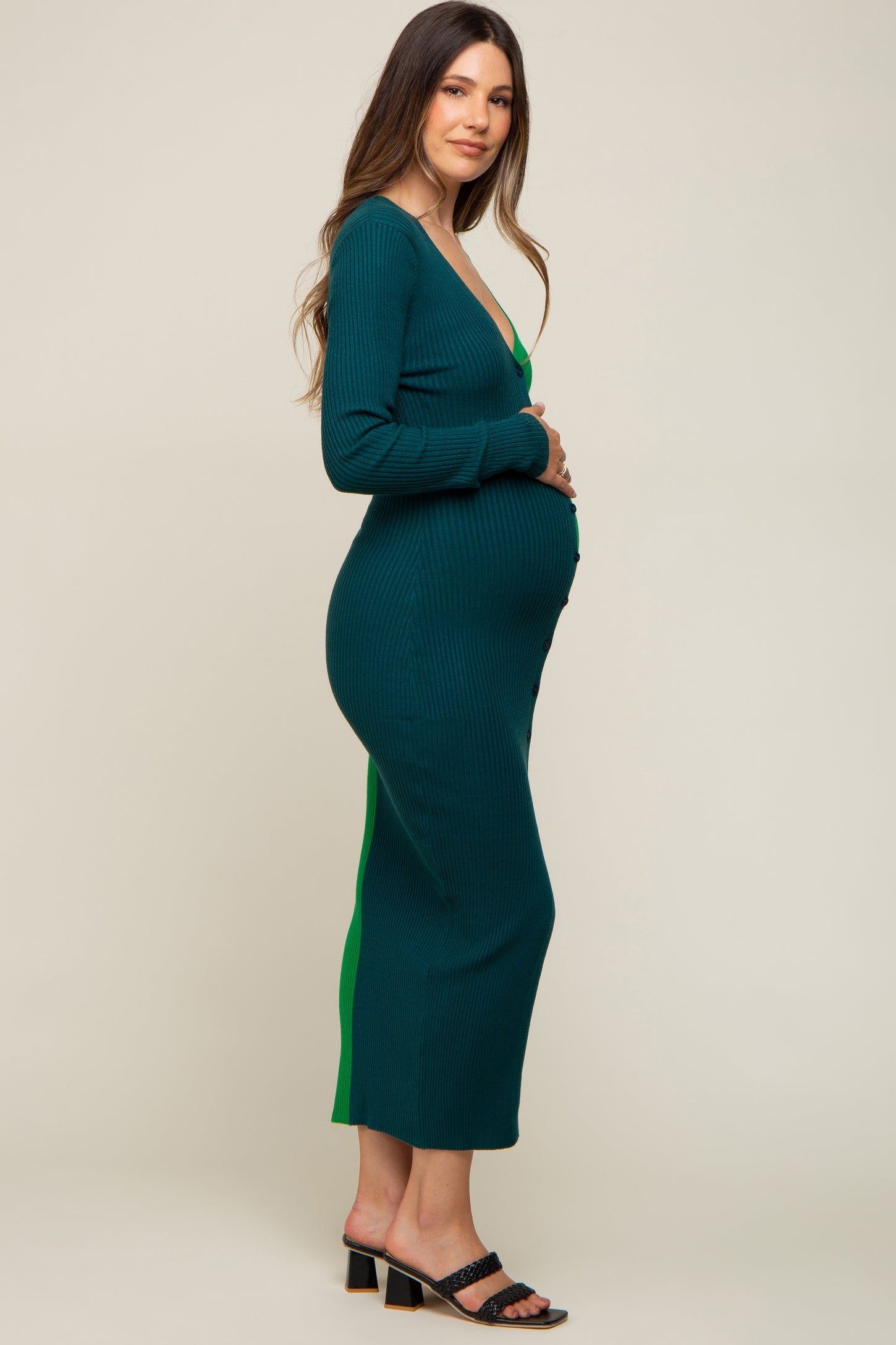 Teal Green Colorblock Ribbed Button Down Maternity Dress