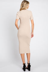 Taupe Collared Button Front Ribbed Midi Dress