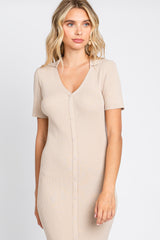 Taupe Collared Button Front Ribbed Midi Dress