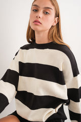 Black Loose Fit Round Neck Stripe Sweater Top