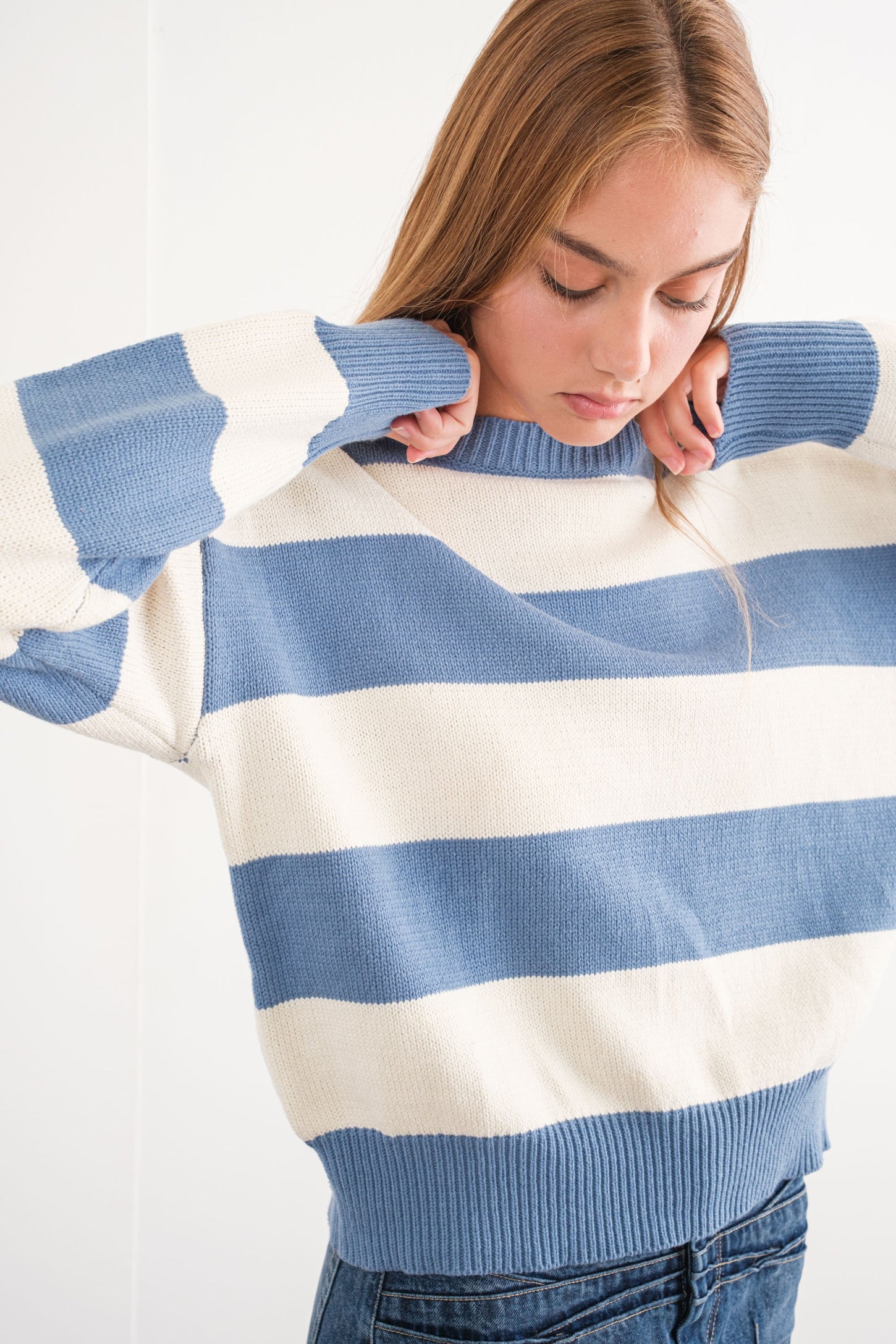 Blue Loose Fit Round Neck Stripe Sweater Top