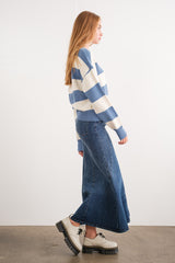 Blue Loose Fit Round Neck Stripe Sweater Top