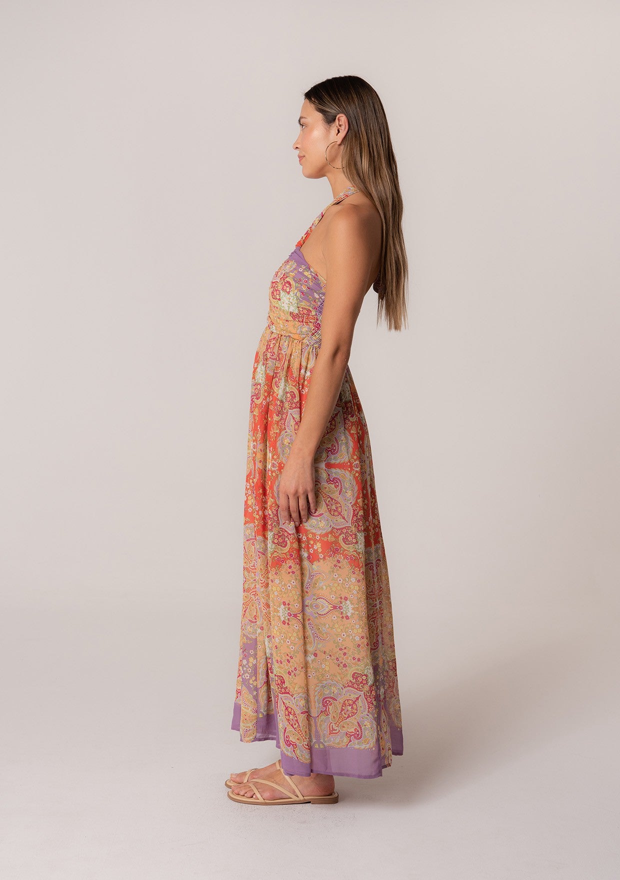 Red Purple Bohemian Floral Smocked Halter Maxi Dress