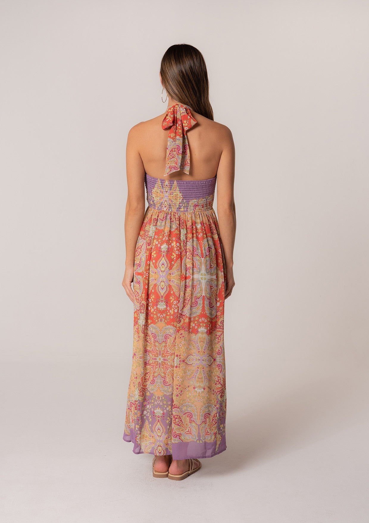 Red Purple Bohemian Floral Smocked Halter Maxi Dress