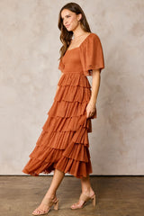 Camel Tulle Smocked Square Neck Tiered Midi Dress