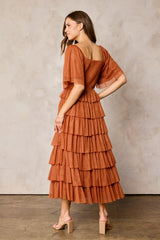 Camel Tulle Smocked Square Neck Tiered Midi Dress