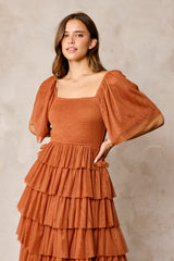 Camel Tulle Smocked Square Neck Tiered Midi Dress