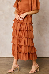 Camel Tulle Smocked Square Neck Tiered Midi Dress