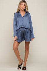 Blue Satin Button Down Maternity Short Sleep Set