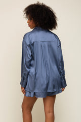 Blue Satin Button Down Short Sleep Set