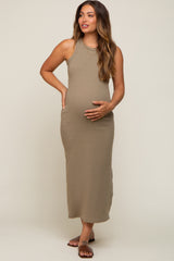 Olive Ribbed Fitted Maternity Midi Dress