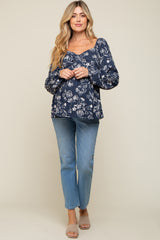 Navy Floral Sweetheart Neck Long Sleeve Maternity Top