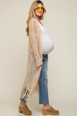 Beige Crochet Fringe Hem Maternity Cardigan