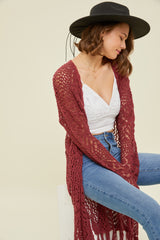 Burgundy Crochet Fringe Hem Maternity Cardigan